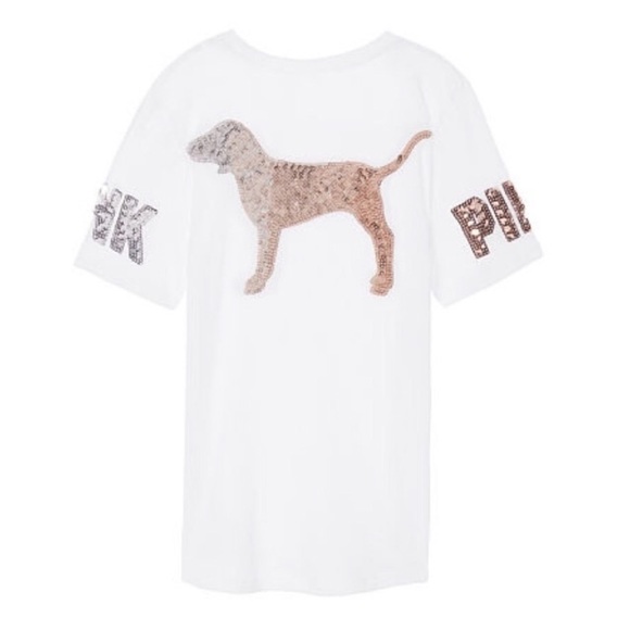 Victoria Secerts Pink Bling White Tee Silver and Rose Gold Sequin Little Dog Y2K - Picture 7 of 8